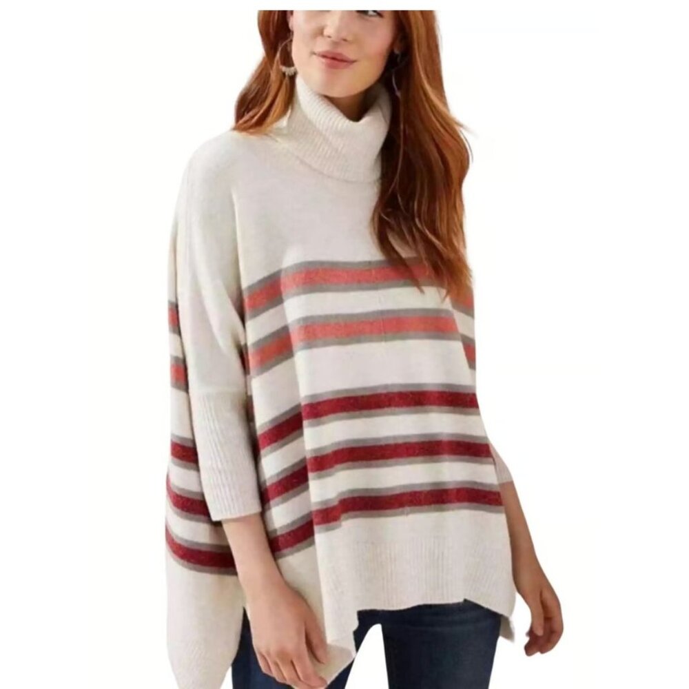 LOFT Poncho Sweater Women M Cream Oversized Casual Cozy Turtleneck Dolman Sleeve